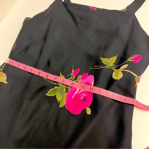 Black pink floral dress y2k style asymmetrical mesh overlay lined dark floral - Picture 8 of 10